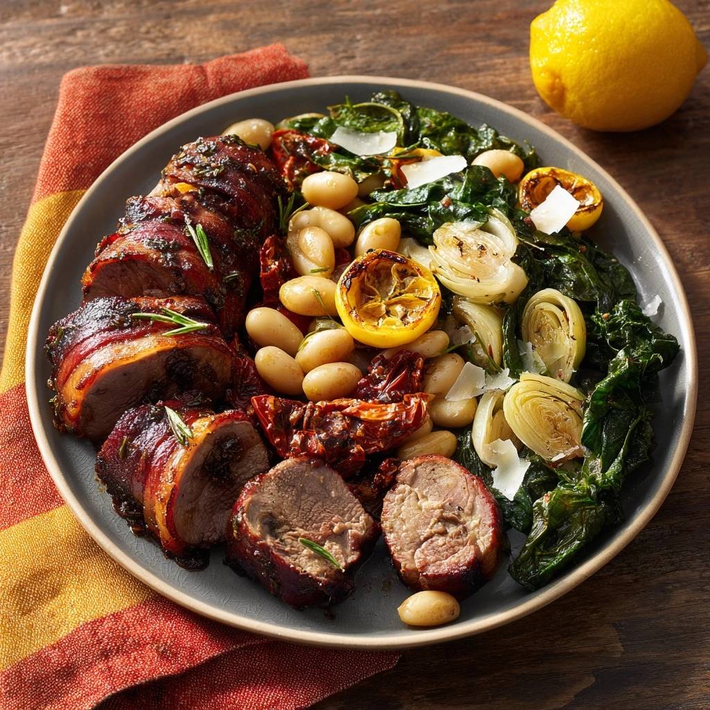 Gegrilltes Schweinefilet mit Spinat, weißen Bohnen, Paprika & Artischocken, angeschnitten und auf einem Teller serviert