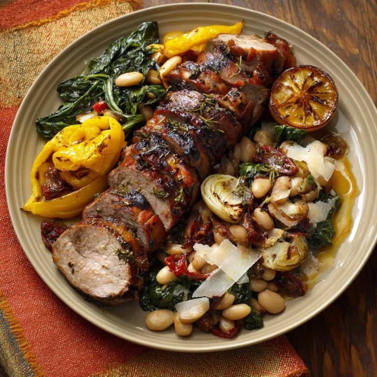 Gegrilltes Schweinefilet mit Spinat, weißen Bohnen, Paprika und Artischocken, angeschnitten auf einem Teller mit gebratener Zitrone.