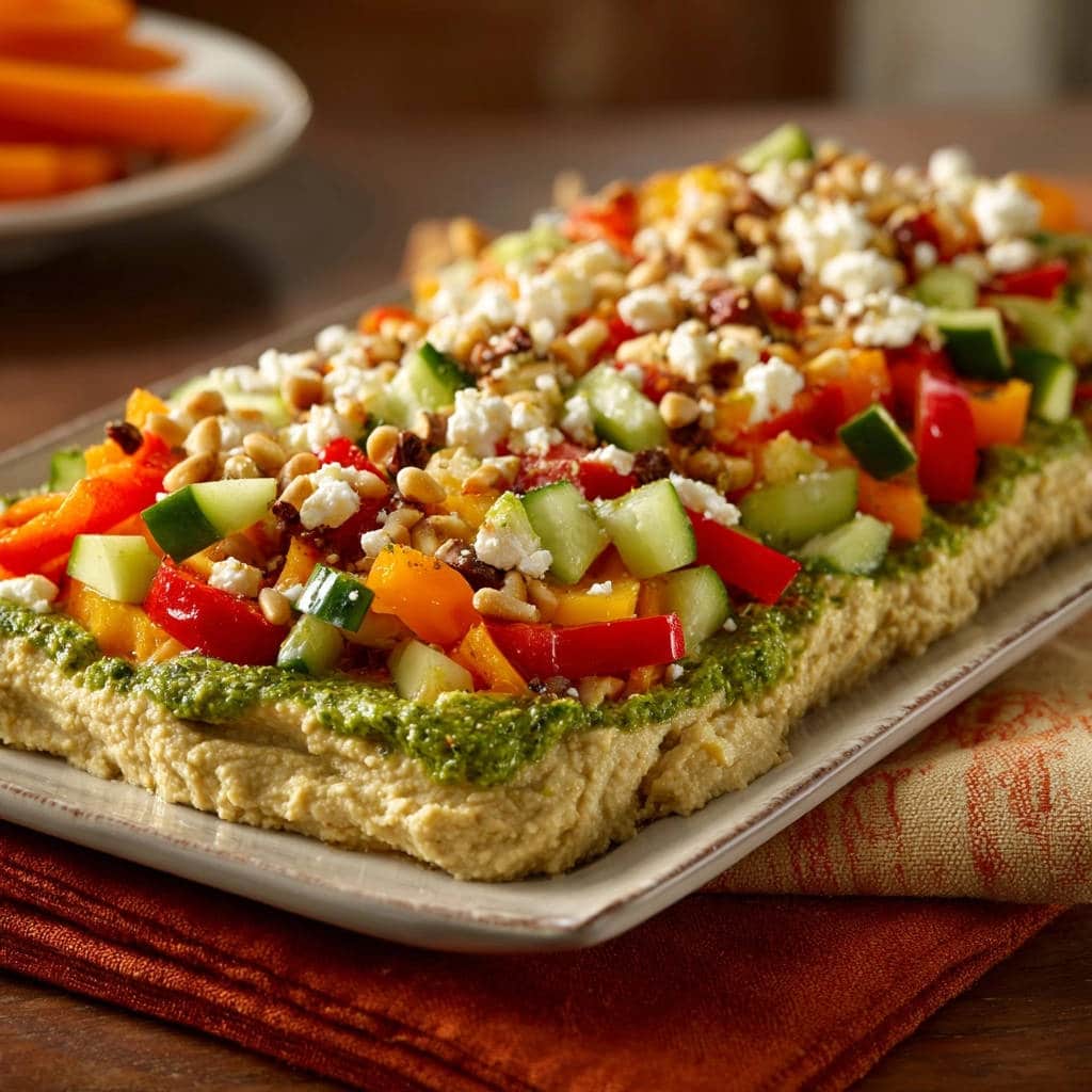 Cremiger Gemüsetart mit Feta und Pinienkernen, garniert mit frischen gewürfelten Paprika und Gurken auf Hummusbasis.