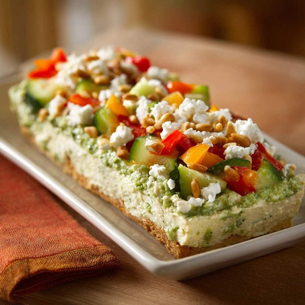 Cremiger Gemüsetart mit Feta und Pinienkernen, Nahaufnahme des belegten Bodens mit Gemüse-Topping und Käse.