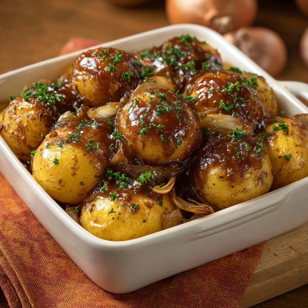 Knusprig glasierte Babykartoffeln mit Zwiebeln, detailreich mit frischen Kräutern garniert in einer weißen Auflaufform.