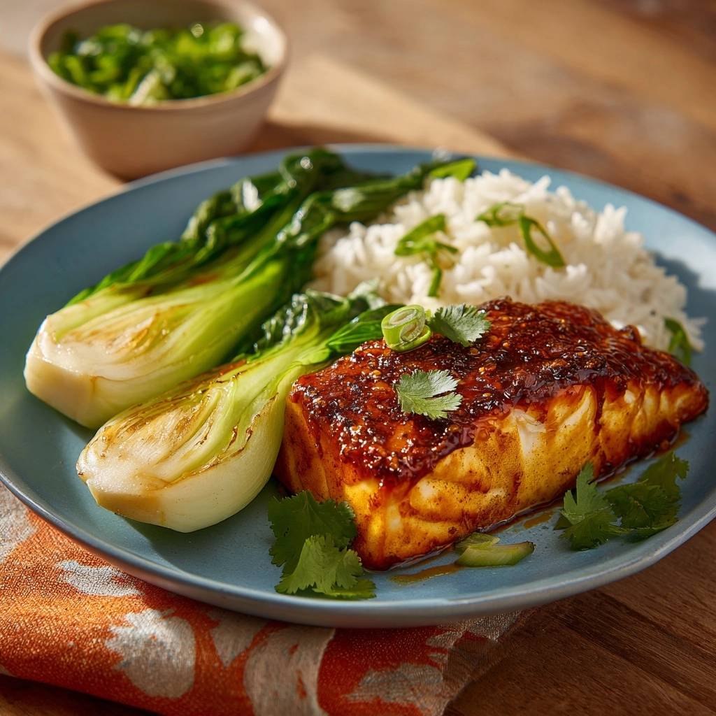 Glasierter Teriyaki-Lachs mit Pak Choi und Reis, detailreiche Nahaufnahme des glasierten Lachses mit Garnitur und gedünstetem Gemüse.