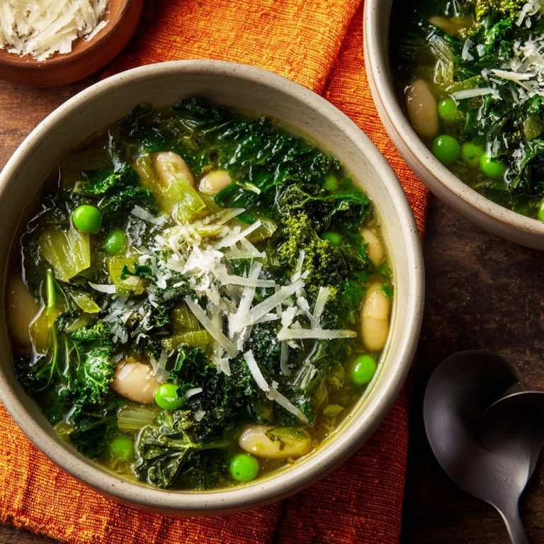 Grüne Kale-Bohnen-Suppe, eine herzhafte Schüssel mit knackigem Grünkohl, weißen Bohnen und Erbsen, garniert mit geriebenem Parmesan.