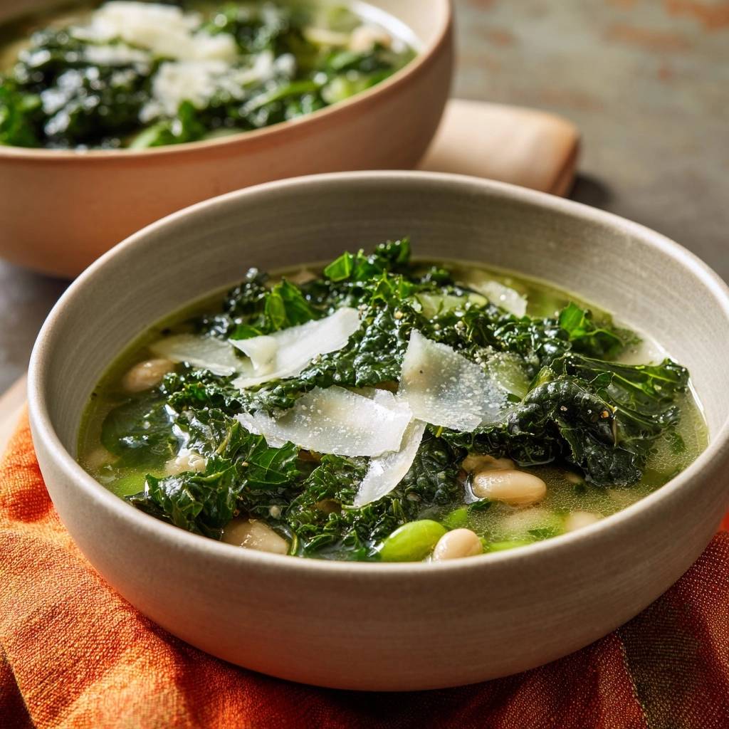 Grüne Kale-Bohnen-Suppe mit Parmesan-Spänen garniert in einer Schüssel, nahaufnahme
