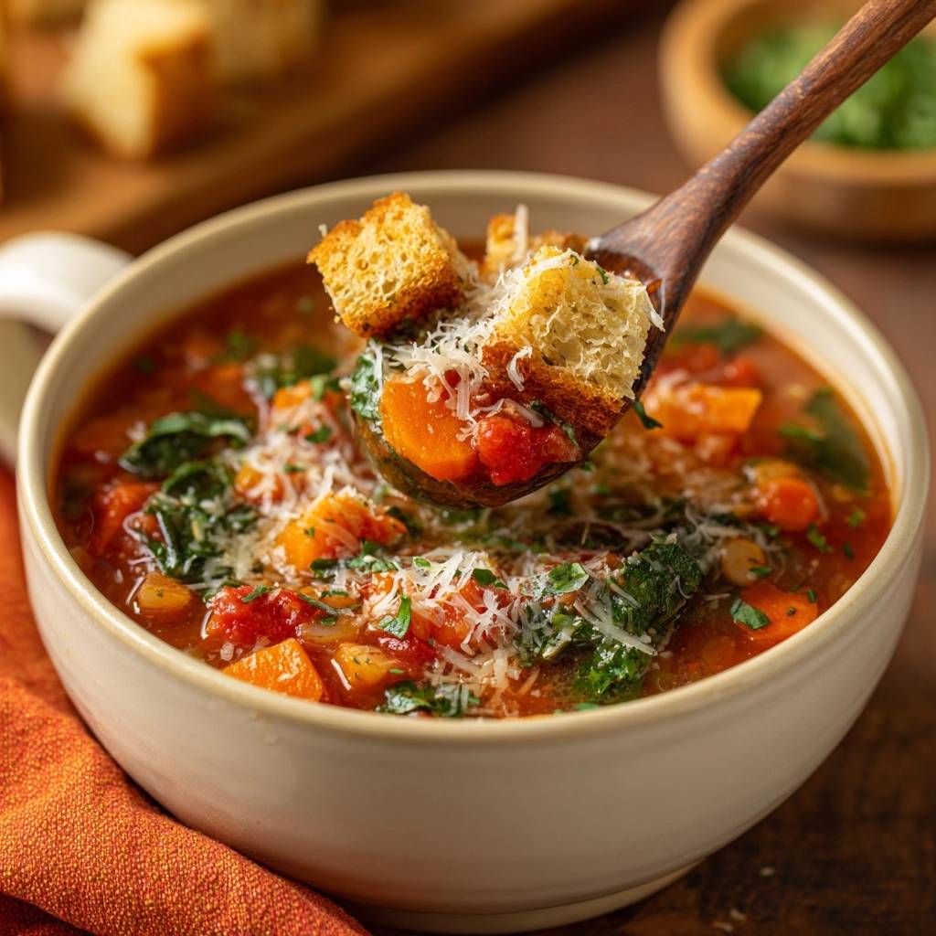 Rustikaler Grünkohl-Bohnen-Eintopf mit Croutons und Parmesan auf einem Holzlöffel, nahaufnahme