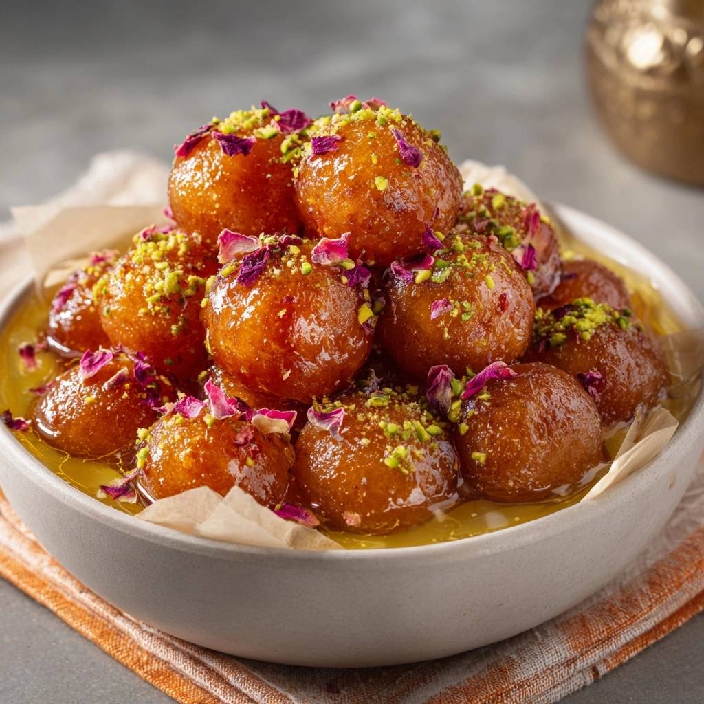 Gulab Jamun, süße Teigbällchen in Zuckersirup, garniert mit gehackten Pistazien und Rosenblättern.