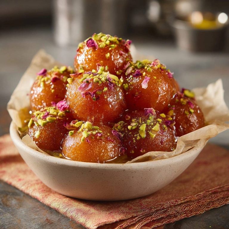 Gulab Jamun, garniert mit gehackten Pistazien und getrockneten Rosenblättern in einer Schüssel