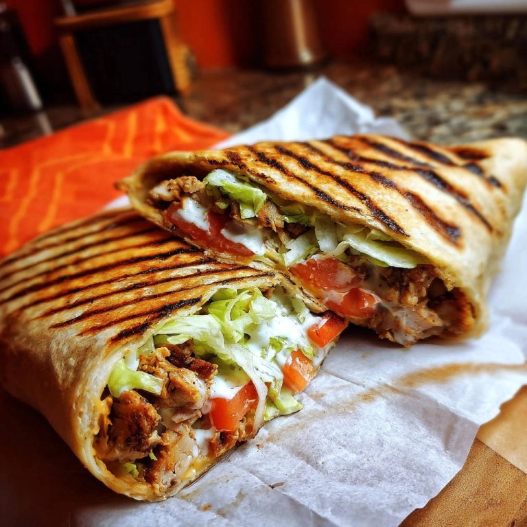 Saftiger Hähnchen-Grill-Wrap angeschnitten, zeigt das zarte Fleisch, frische Tomaten und Salat mit cremiger Soße