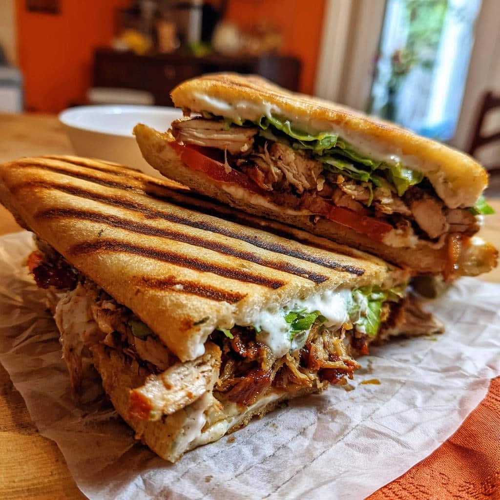 Saftiger Hähnchen-Grill-Wrap angeschnitten, der die zarte Füllung aus Hähnchenfleisch, Salat und Tomaten enthüllt.