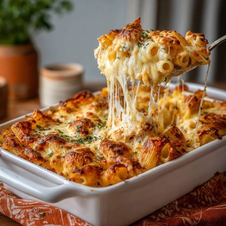 Cremiger Hähnchen-Rigatoni-Auflauf mit zartem, geschmolzenem Käse, der von einem Löffel gezogen wird.