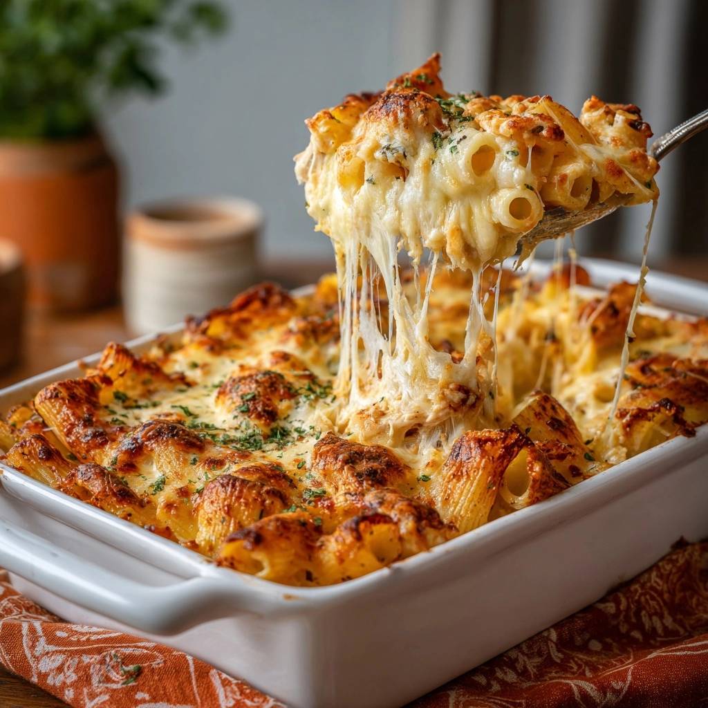 Cremiger Hähnchen-Rigatoni-Auflauf mit zartem, geschmolzenem Käse, der von einem Löffel gezogen wird.