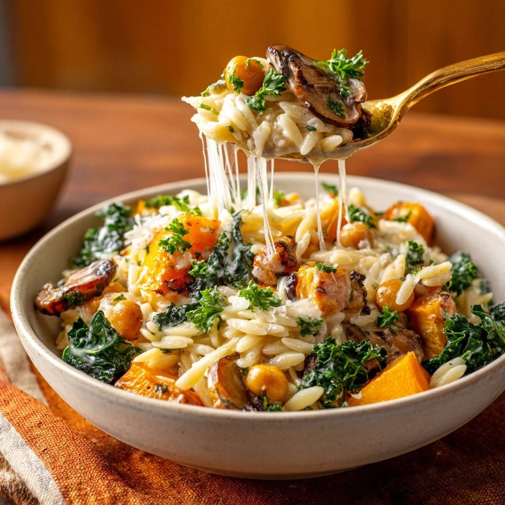 Herbstliche Orecchiette mit Kürbis, Pilzen und Grünkohl, eine goldene Löffelaufnahme zeigt den geschmolzenen Käse und die einzelnen Zutaten.