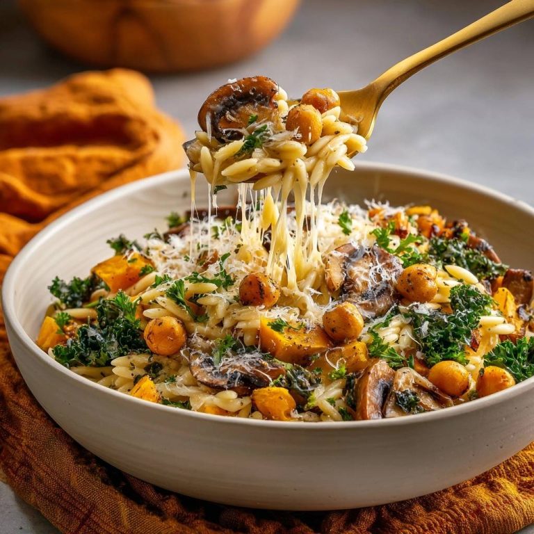 Herbstliche Orecchiette mit Kürbis, Pilzen und Grünkohl, die von einem Löffel mit geschmolzenem Käse gezogen werden.