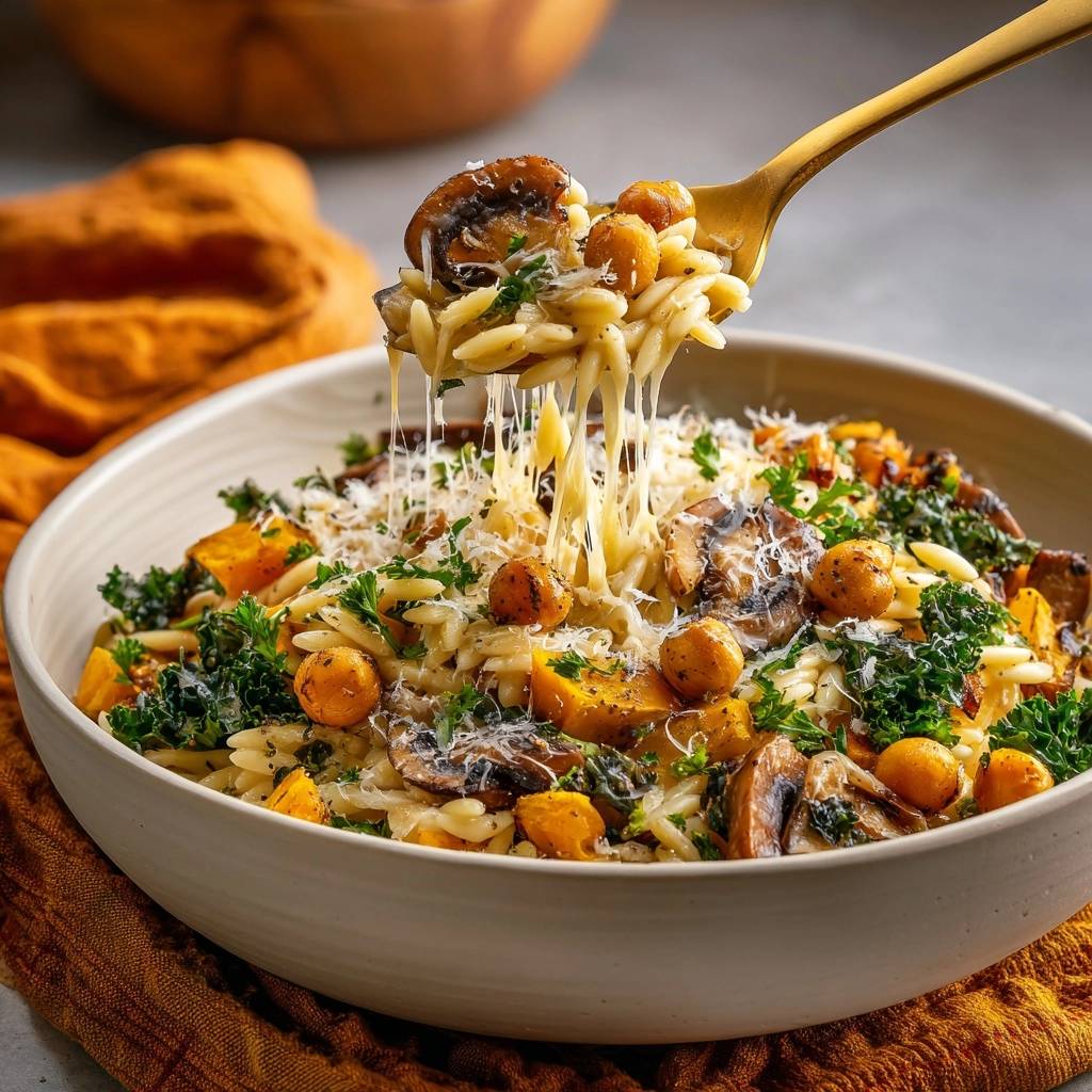 Herbstliche Orecchiette mit Kürbis, Pilzen und Grünkohl, die von einem Löffel mit geschmolzenem Käse gezogen werden.