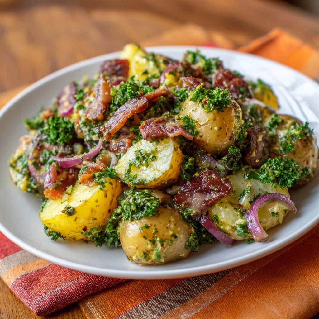 Herzhafter Kartoffelsalat mit krossem Speck und frischen Kräutern, nahaufnahme der einzelnen Zutaten und Textur.