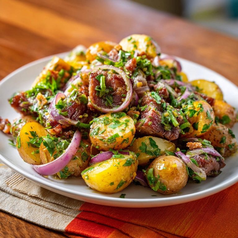Herzhafter Kartoffelsalat mit krossem Speck und frischen Kräutern auf einem Teller serviert, Nahaufnahme.