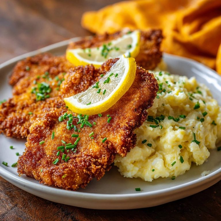 Knuspriges Hähnchen-Schnitzel mit cremigem Kartoffelbrei, garniert mit Zitrone und Schnittlauch, nahaufnahme auf einem Teller.