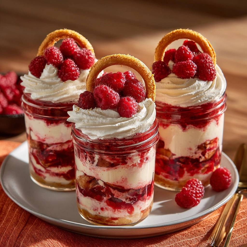 Himbeer-Pretzel-Traum im Glas, garniert mit frischen Himbeeren und Sahne, präsentiert im Einmachglas.