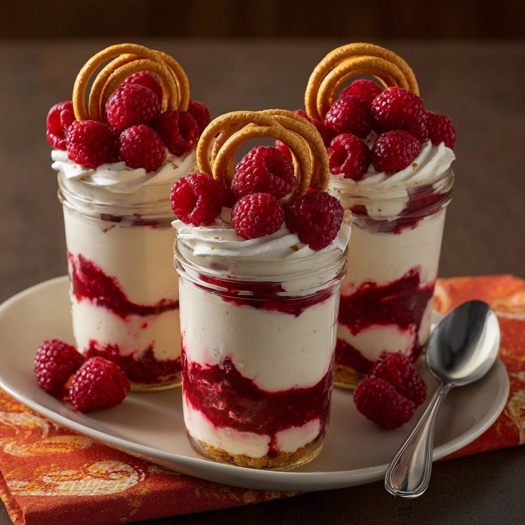 Himbeer-Pretzel-Traum im Glas, serviert mit frischen Himbeeren und Pretzel-Dekoration auf einem Teller.
