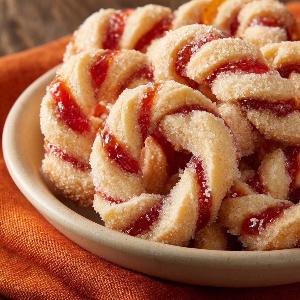 Himbeer-Spiralplätzchen mit Marmelade im Inneren, auf einem Teller nahaufnahme