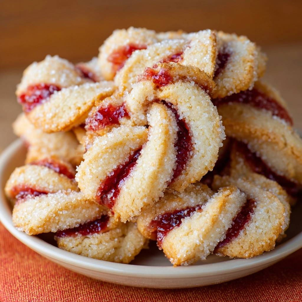 Himbeer-Spiralplätzchen mit Marmelade im Inneren, auf einem Teller arrangiert und aus der Nähe gezeigt.