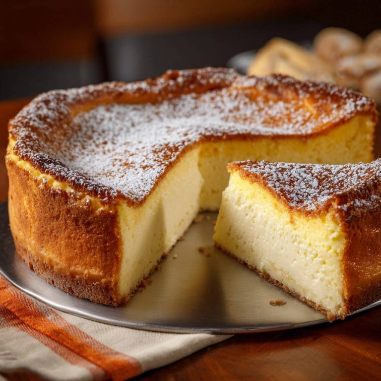 Käse-Kuchen á la Oma im Anschnitt mit Puderzucker bestäubt, zeigt die cremige Textur im Inneren.