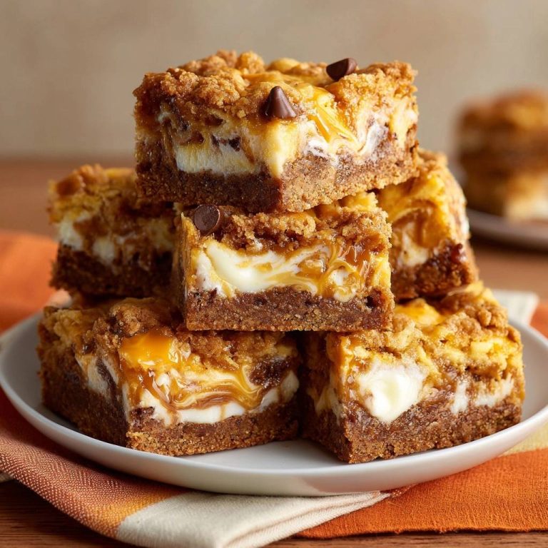 Karamell-Cheesecake-Streusel-Brownies als Nahaufnahme gestapelt auf einem Teller, mit sichtbarer cremiger Käsekuchenfüllung und Karamellsauce.