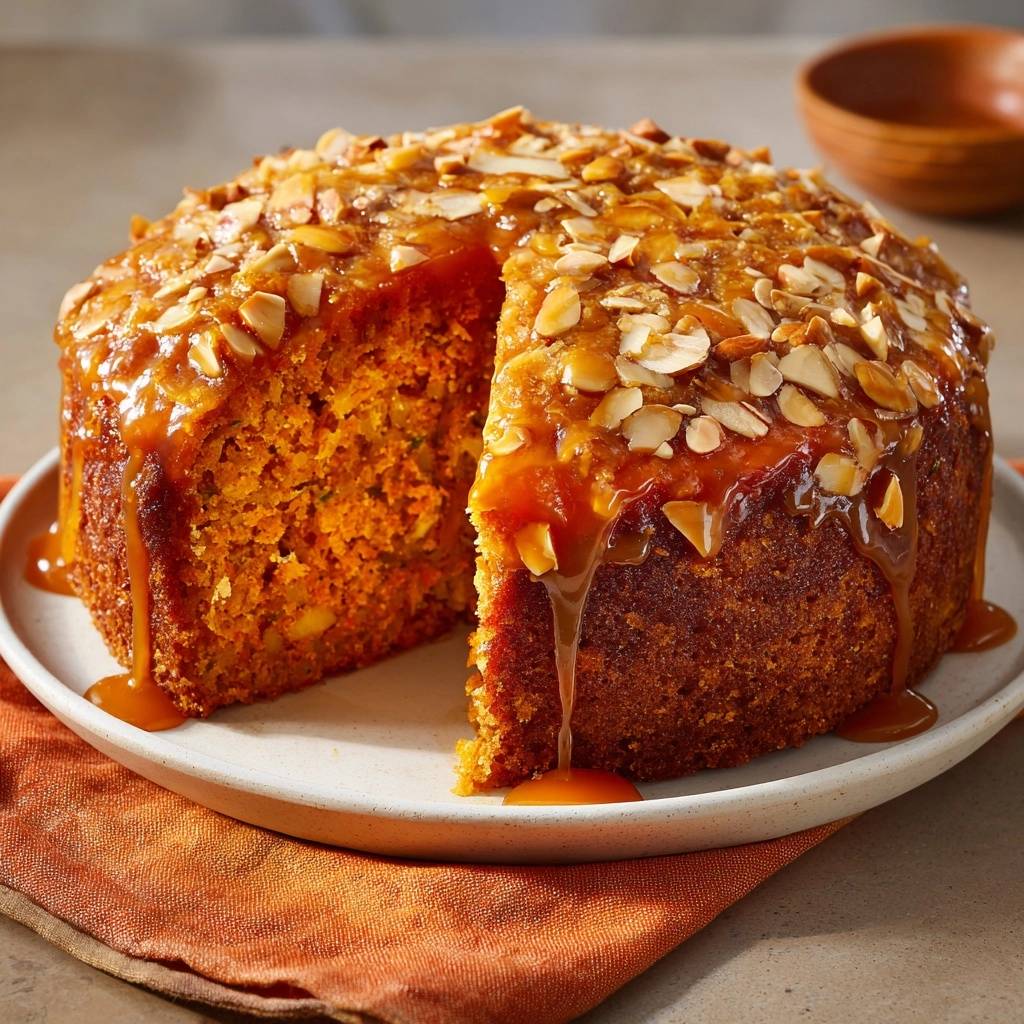 Saftiger Karottenkuchen mit Mandeln und Karamell, angeschnitten mit üppigem Karamellgluss und Mandelsplittern obendrauf.