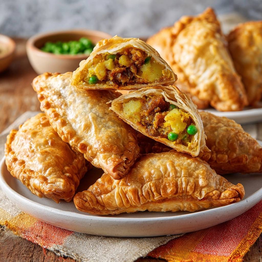 Knusprige Kartoffel-Hack-Samosas, gestapelt und ein Exemplar angeschnitten, das die würzige Füllung zeigt.