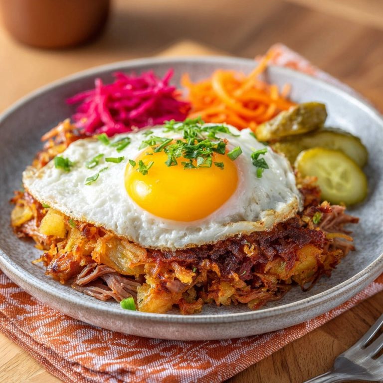 Deftiger Kartoffel-Hash mit Pulled Beef und Spiegelei, nahaufnahme des knusprigen Gerichts mit Beilagen auf einem Teller.