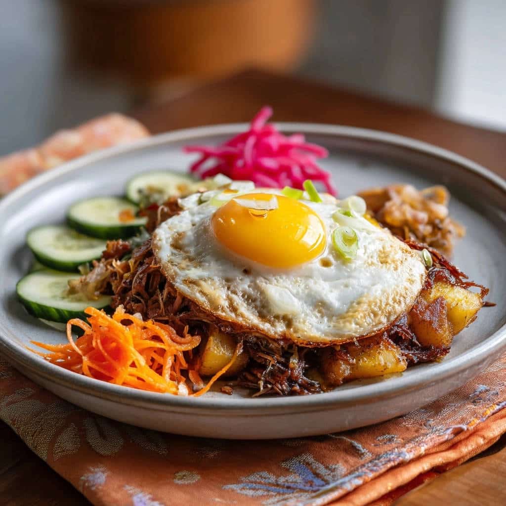 Deftiger Kartoffel-Hash mit Pulled Beef und Spiegelei auf einem Teller mit Gurken und Karotten serviert