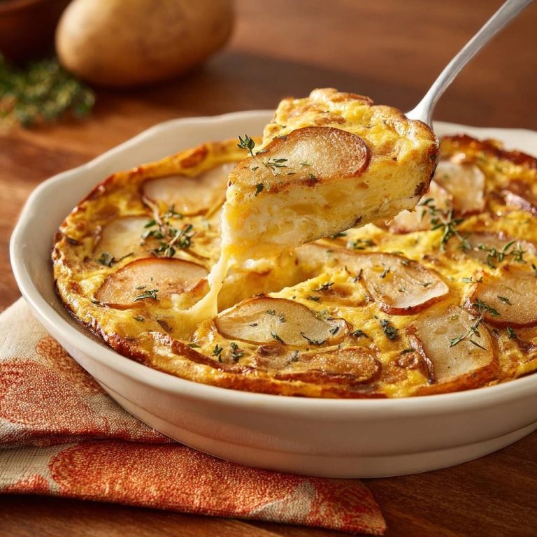 Kartoffel-Thymian-Gratin angeschnitten, eine Portion wird aus der Auflaufform gehoben, die Käseschicht ist sichtbar.