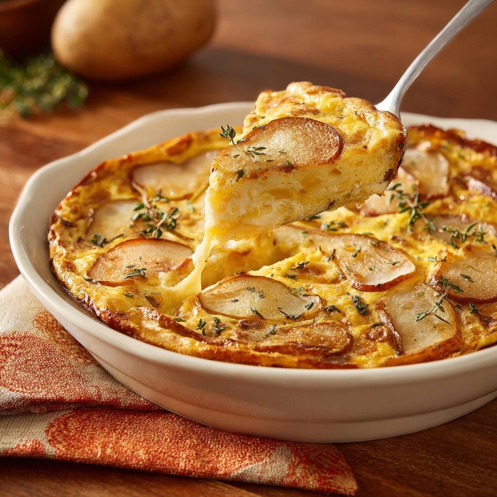 Kartoffel-Thymian-Gratin angeschnitten, eine Portion wird aus der Auflaufform gehoben, die Käseschicht ist sichtbar.