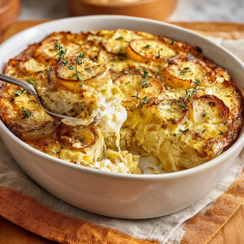 Kartoffel-Thymian-Gratin als Nahaufnahme, wie ein Löffel eine Portion aus der Auflaufform hebt.
