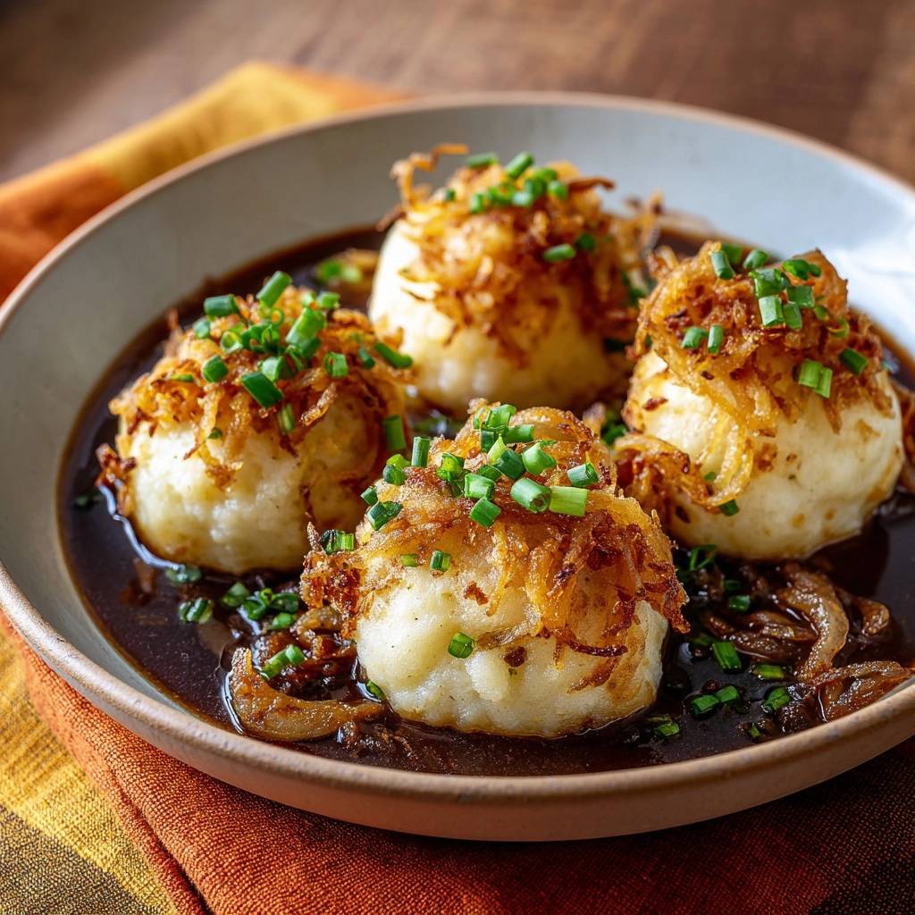 Kartoffelklöße mit knusprigen Zwiebeln, nahaufnahme der Garnitur aus Röstzwiebeln und Schnittlauch in dunkler Sauce.