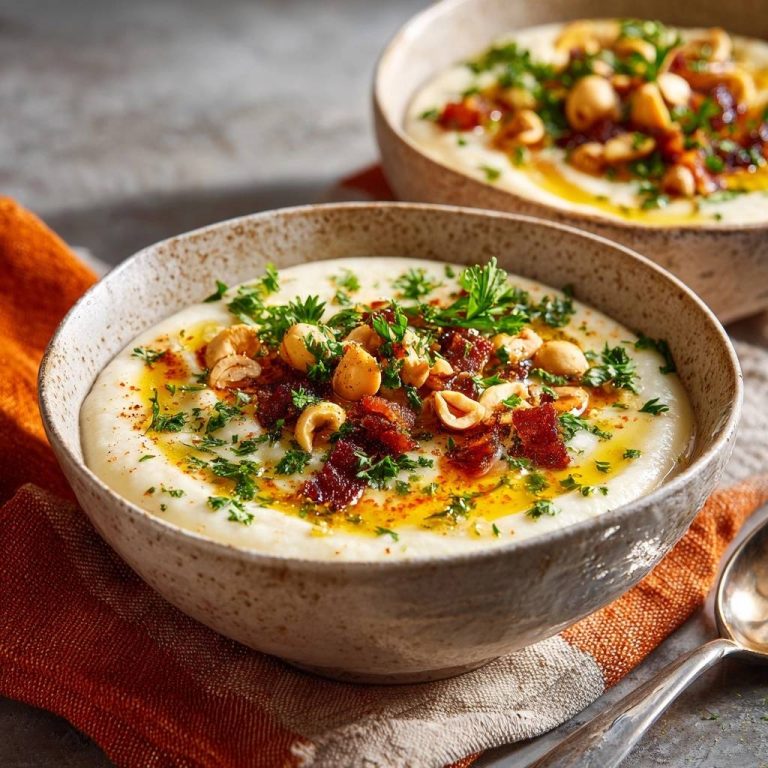 Cremiger Kichererbsen-Hummus mit knusprigem Speck, garniert mit Petersilie und Nüssen, in einer Schüssel serviert.