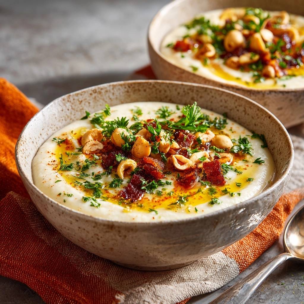 Cremiger Kichererbsen-Hummus mit knusprigem Speck, garniert mit Petersilie und Nüssen, in einer Schüssel serviert.