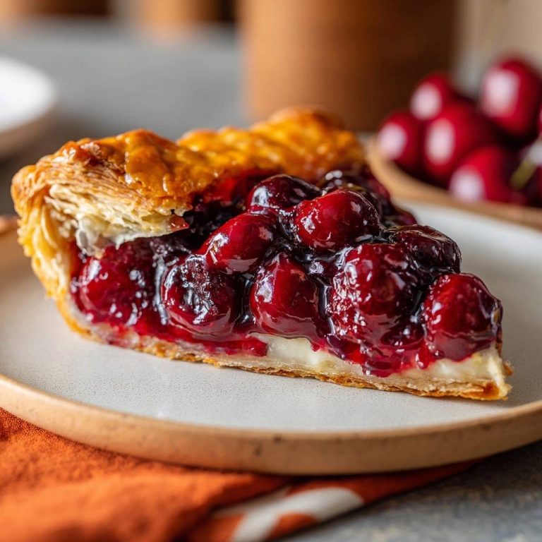 Knusprige Kirsch-Blätterteig-Tarte angeschnitten auf einem Teller mit einem Stück und Kirschen im Hintergrund.
