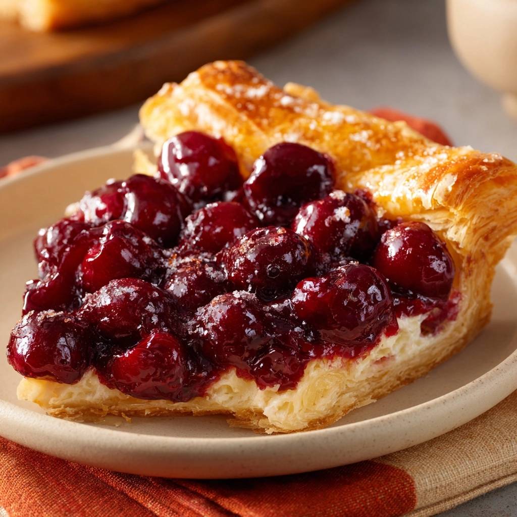 Knusprige Kirsch-Blätterteig-Tarte wird auf einem Teller angeschnitten, mit saftigen Kirschen und Blätterteig im Querschnitt gezeigt.