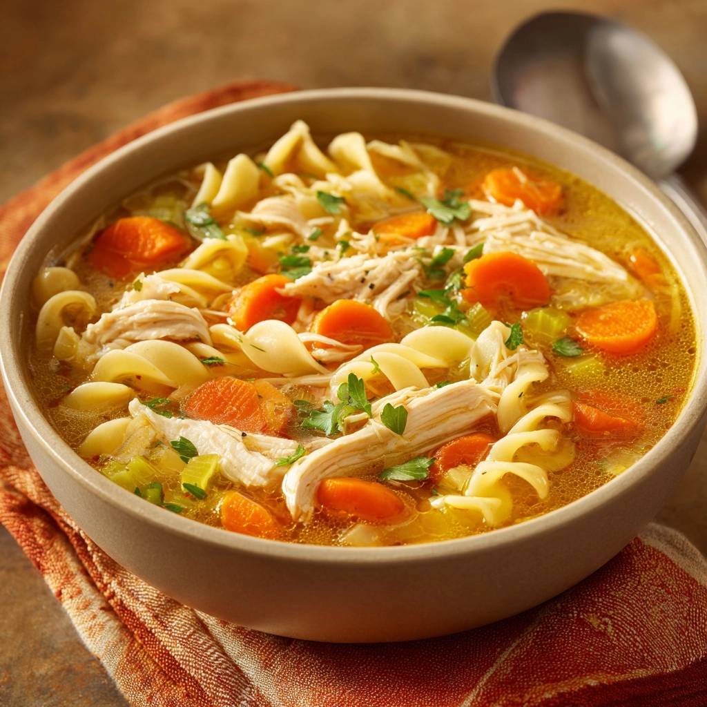 Klassische Hühnersuppe mit Nudeln, serviert in einer Schüssel mit Karotten, Sellerie und frischer Petersilie.