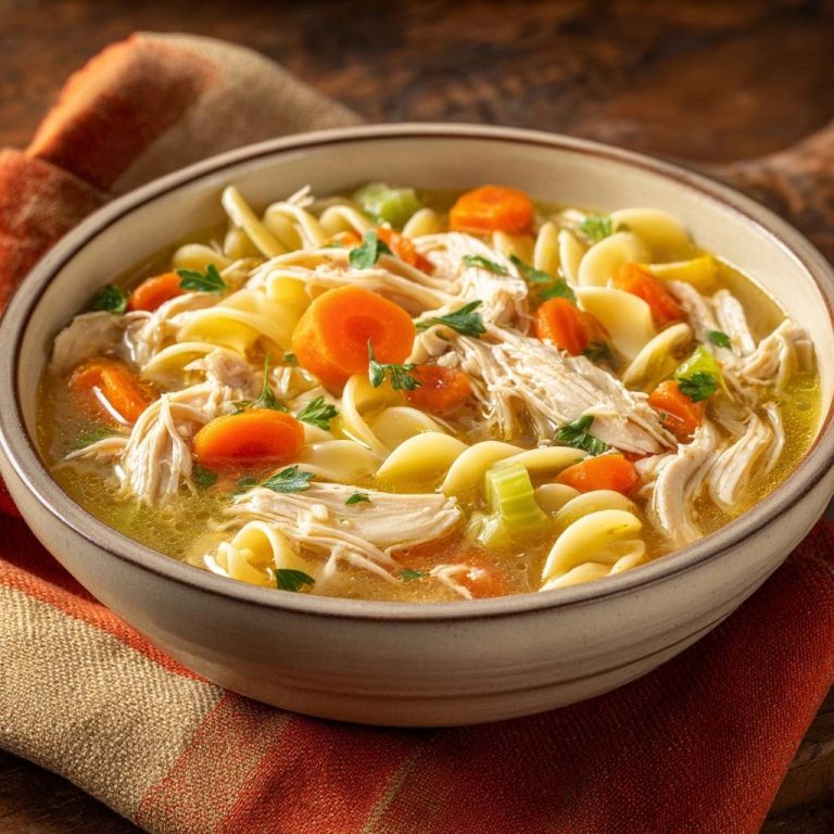 Klassische Hühnersuppe mit Nudeln als Nahaufnahme in einer Schüssel mit Karotten und Petersilie garniert.