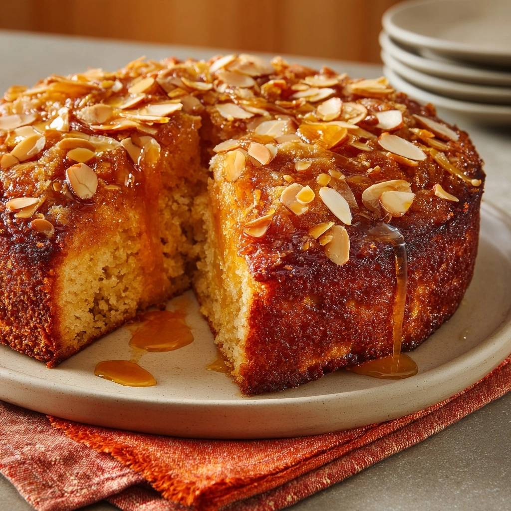 Klebriger Mandelkuchen angeschnitten, mit glänzender Karamellglasur und Mandelblättchen, die von der Seite tropft.