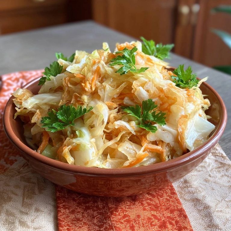 Knackiger Krautsalat mit Karotten, serviert in einer braunen Schüssel mit frischer Petersilie garniert