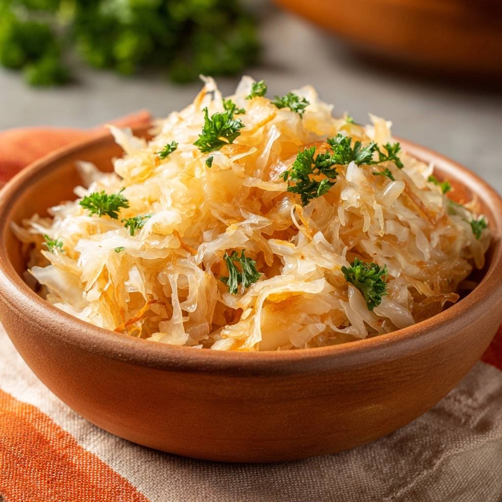 Knackiger Krautsalat mit Karotten, serviert in einer Holzschale und garniert mit frischer Petersilie, Nahaufnahme.