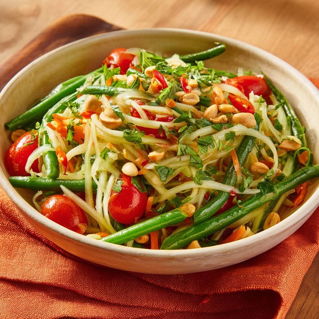 Knackiger Thailändischer Papaya-Salat mit Erdnüssen, Chili und frischen Kräutern als detailreiche Garnitur.