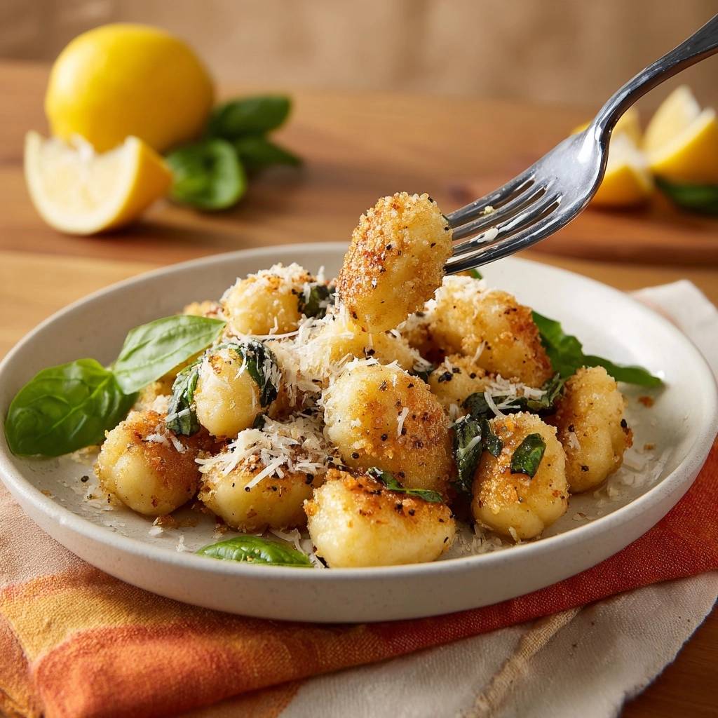 Knusprige Gnocchi mit Parmesan, Basilikum & Zitrone, eine Gabel hebt ein Stück vom Teller ab, im Fokus.