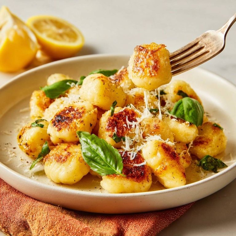 Knusprige Gnocchi mit Parmesan, Basilikum und Zitrone, die mit einer Gabel aus der Schüssel gehoben werden und Käsefäden ziehen.