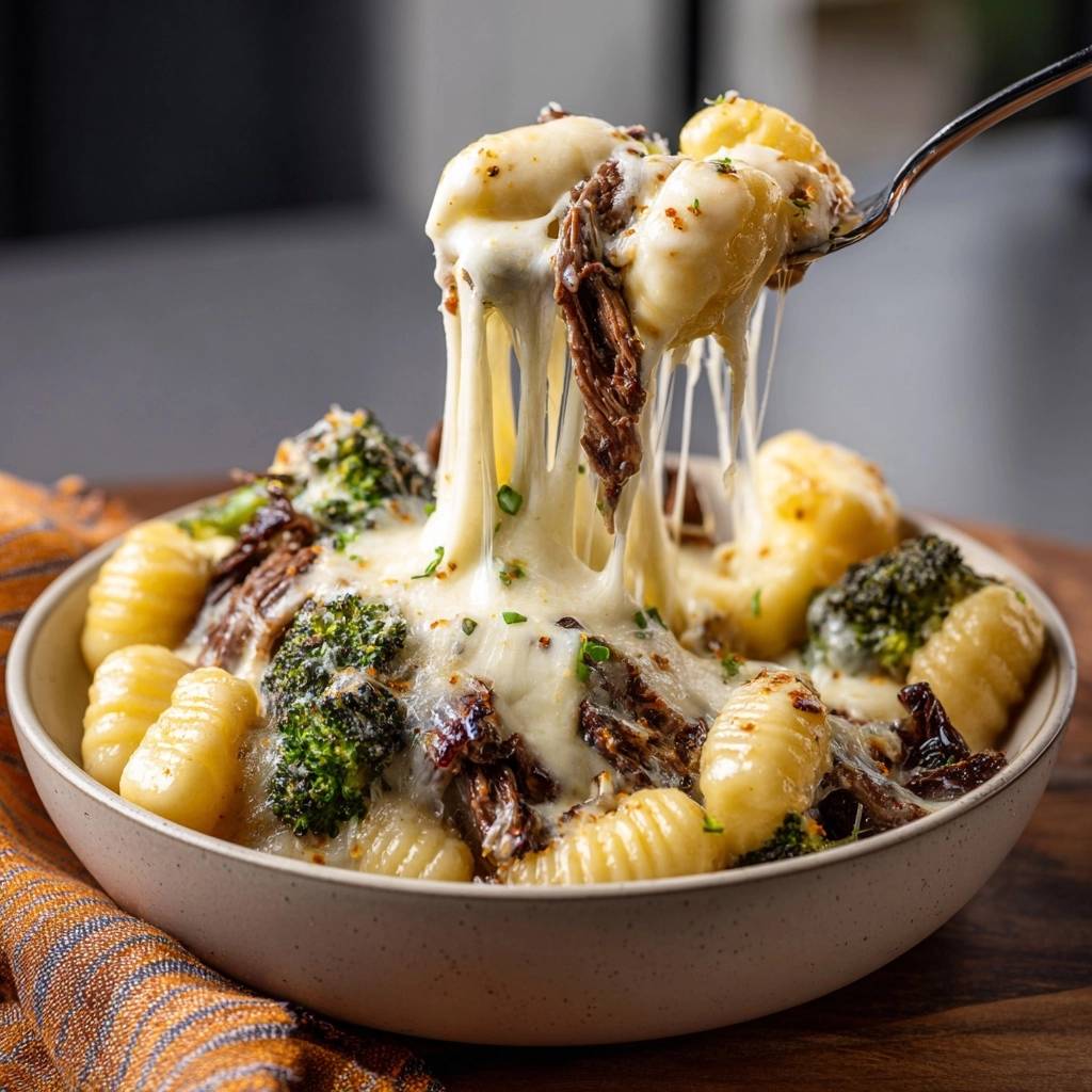 Knusprige Gnocchi mit Rindfleisch, Brokkoli und Käse, mit geschmolzenem Käse, der von einer Gabel gezogen wird.