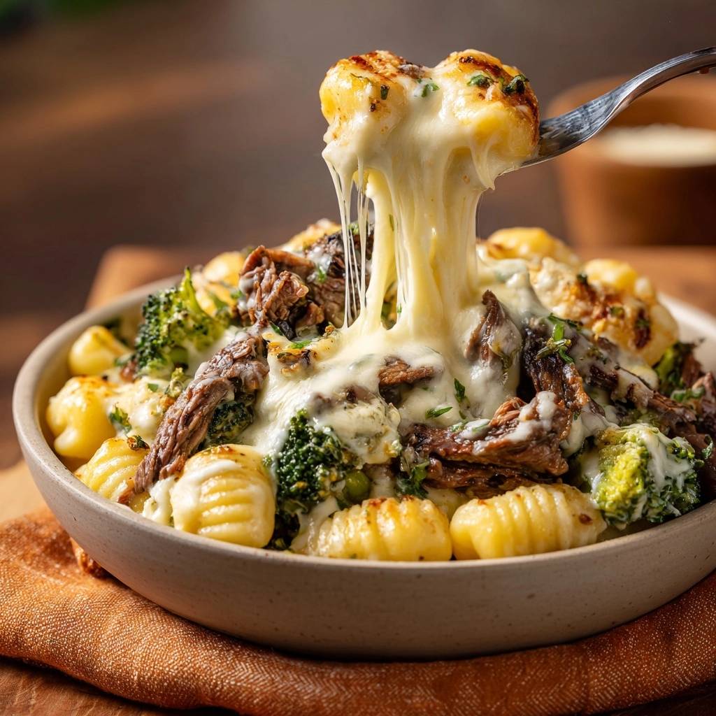 Knusprige Gnocchi mit Rindfleisch, Brokkoli und Käse, mit geschmolzenem Käse, der von einer Gabel gezogen wird.
