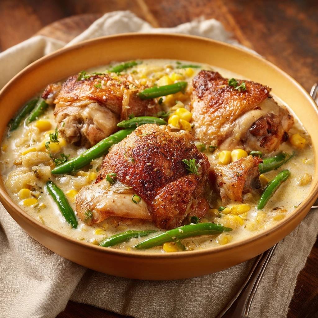Knusprige Hähnchenschenkel mit Bohnen-Mais-Soße in einer Schüssel, Nahaufnahme der servierten Mahlzeit mit saftigen Hähnchenschenkeln.